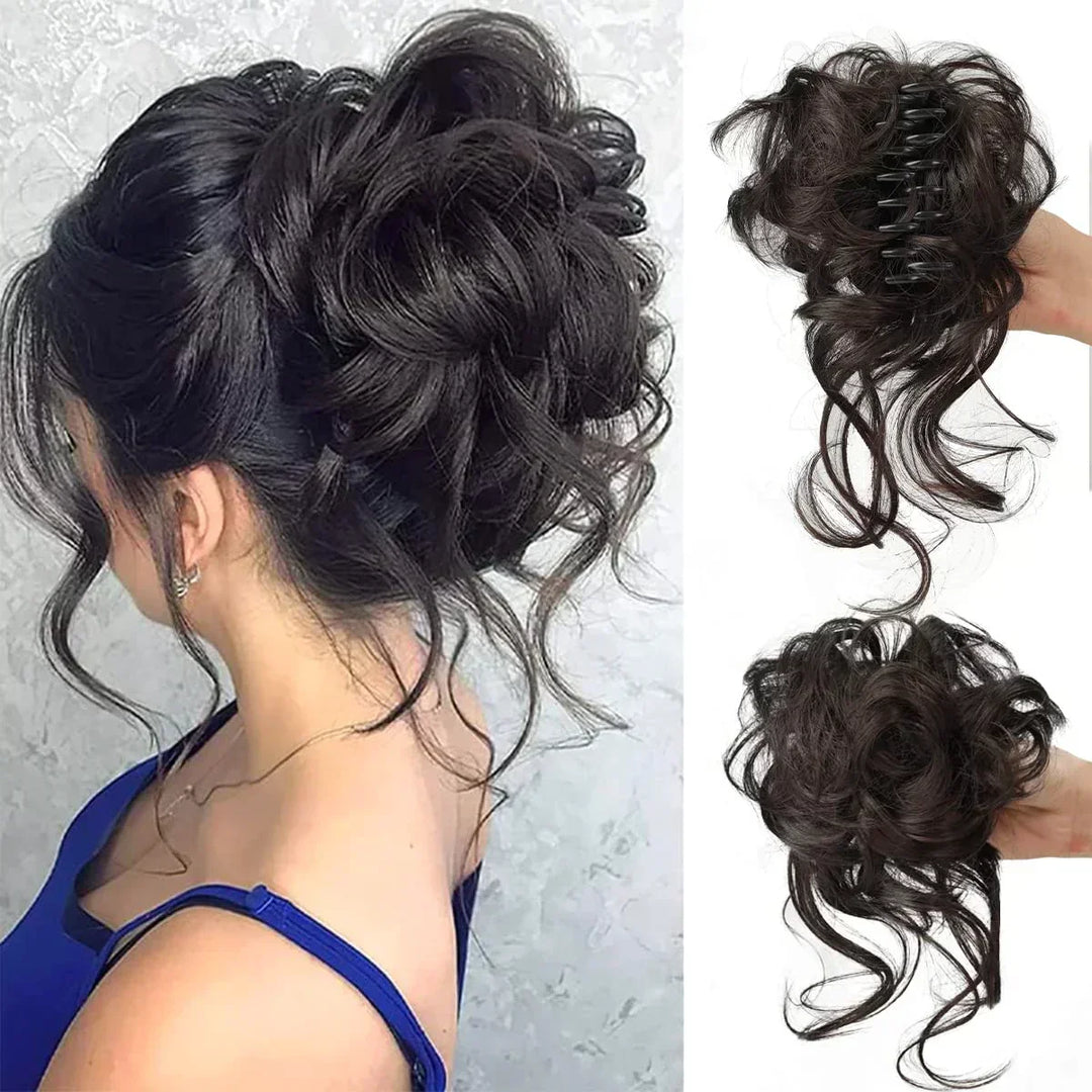 Women's curly bun hairpiece, clip-in for instant volume. Realistic synthetic hair, easy updo solution.