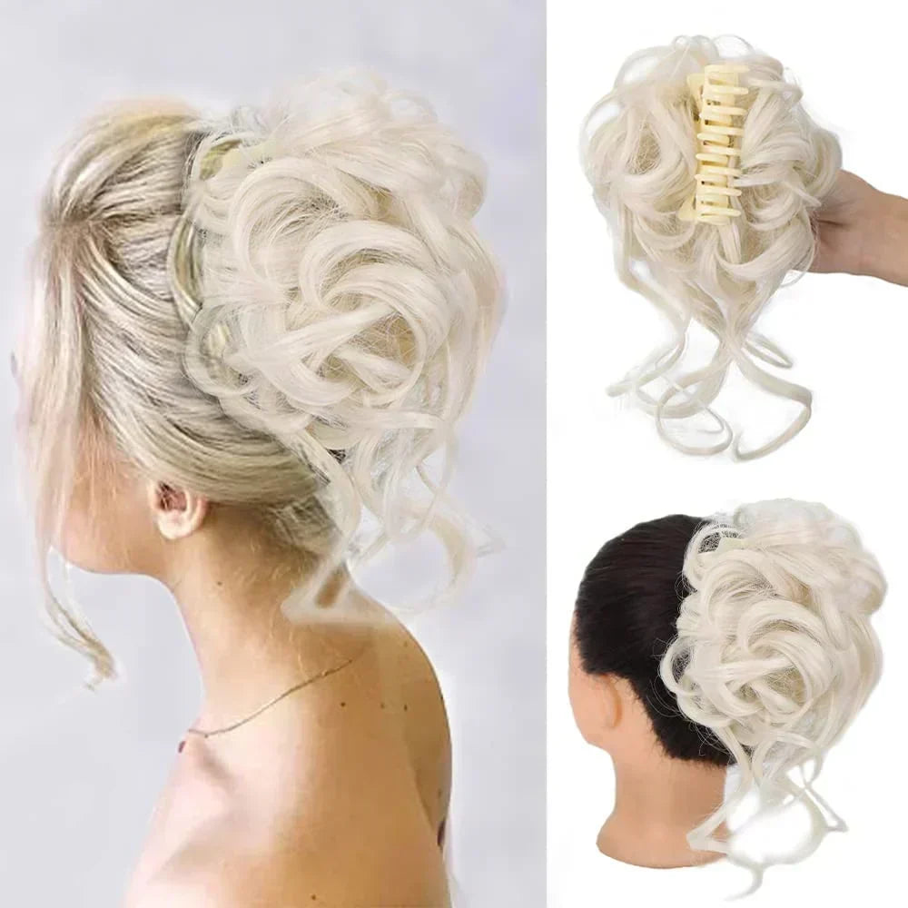 Volumizing clip-in curly bun. Women's synthetic hair accessory for quick, natural-looking updos.