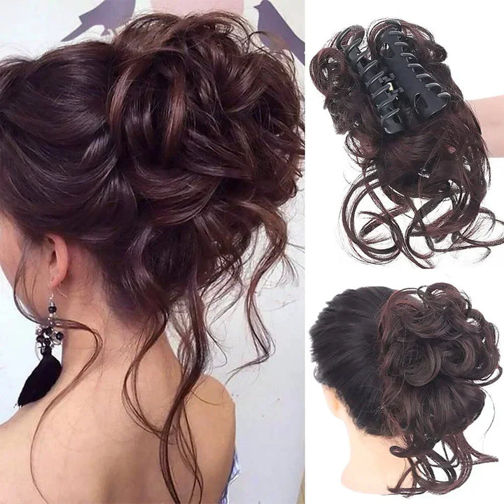 Easy-to-use women's curly bun. Clip-in synthetic hairpiece for instant volume & a perfect updo.