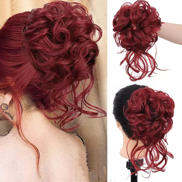 Instant volumizing curly hair bun, clip-in. Women's synthetic hair accessory for a quick, full updo.