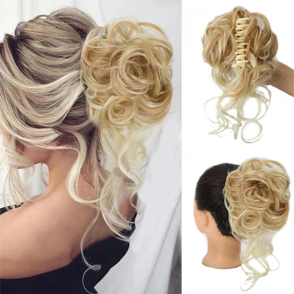 Volumizing curly hair bun, clip-in for women. Easy, instant updo with synthetic natural curls.