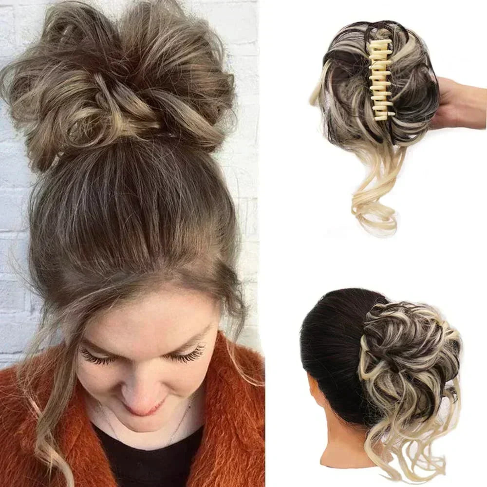 Clip-in curly bun hairpiece for women. Instant volume, natural-looking synthetic hair accessory.
