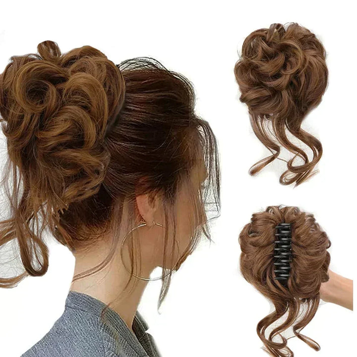 Elegant women's curly bun hairpiece, clip-in for instant volumizing updo. Synthetic, easy wear.