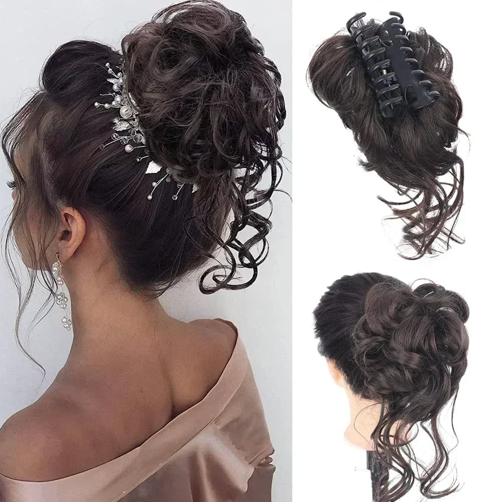Natural-looking curly hair bun. Clip-in synthetic hairpiece for women, instant volume & style.