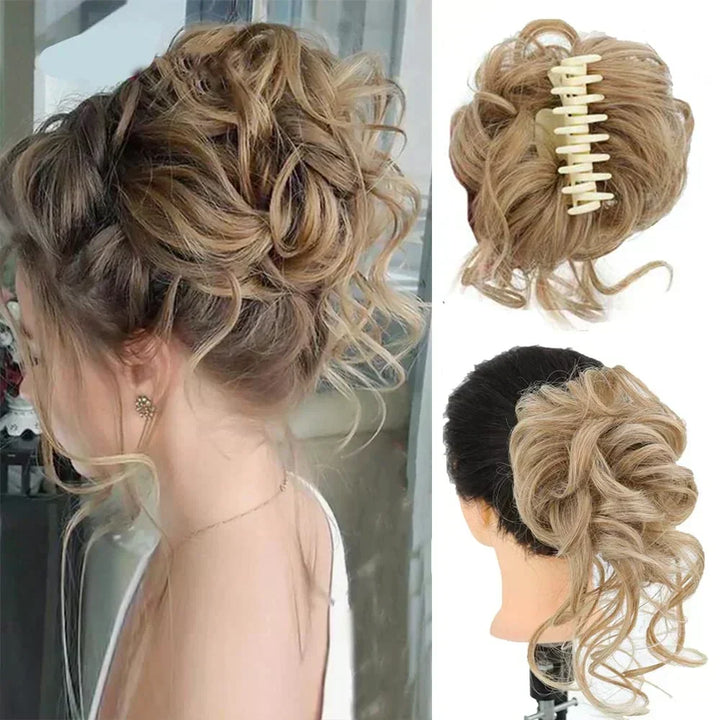 Synthetic curly hair bun with clip-in for women. Achieve instant volume & a stylish updo easily.
