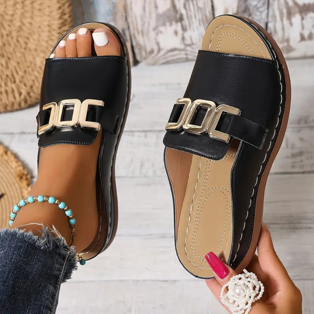 Women's cushioned open toe wedge sandals for all-day comfort. Perfect slip-on casual footwear for summer.