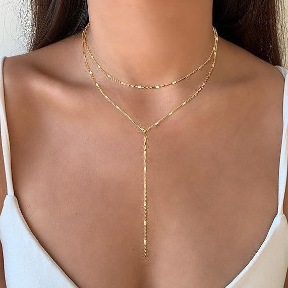Dainty layered Y-chain necklace, women's elegant gold jewelry, perfect for everyday chic.