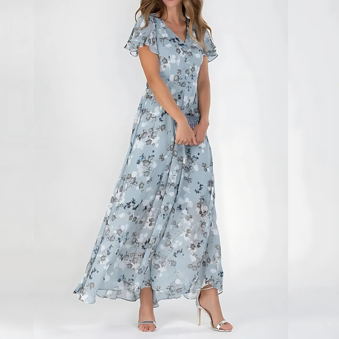 Chic women's summer dress with white daisy floral print. Elegant yet casual, versatile for day or evening wear.