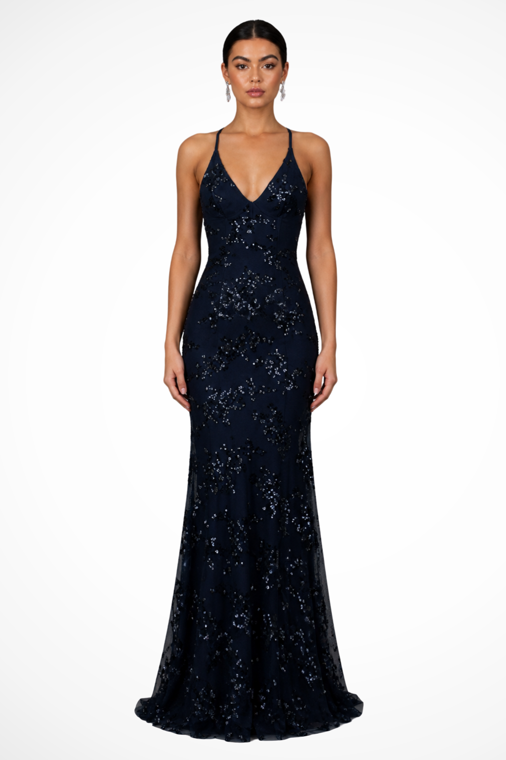 Women's dark blue V-neck sequin maxi dress, perfect for galas, weddings & formal events.