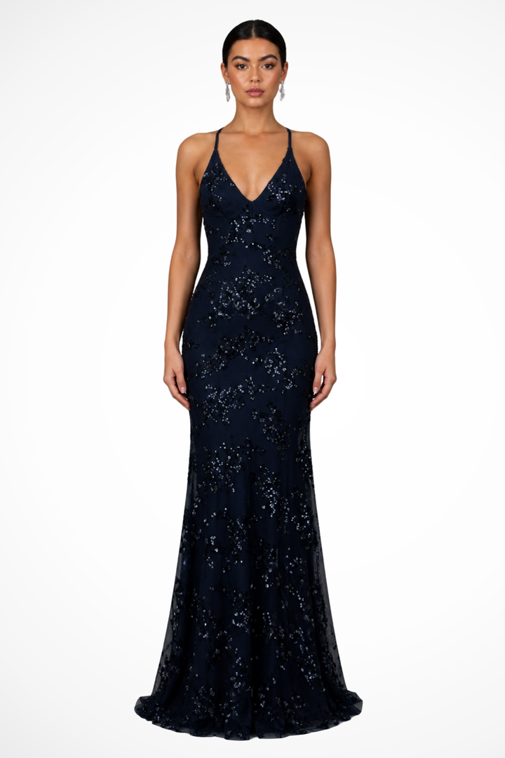 Women's dark blue V-neck sequin maxi dress, perfect for galas, weddings & formal events.