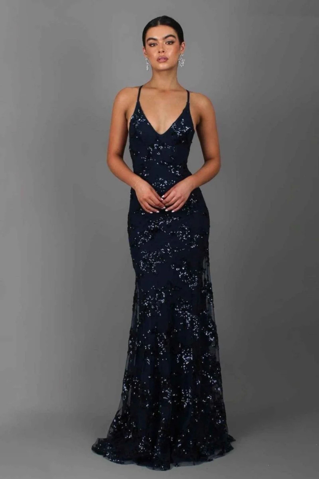 Elegant grey sequin formal evening gown with a flattering V-neck, a long party dress.
