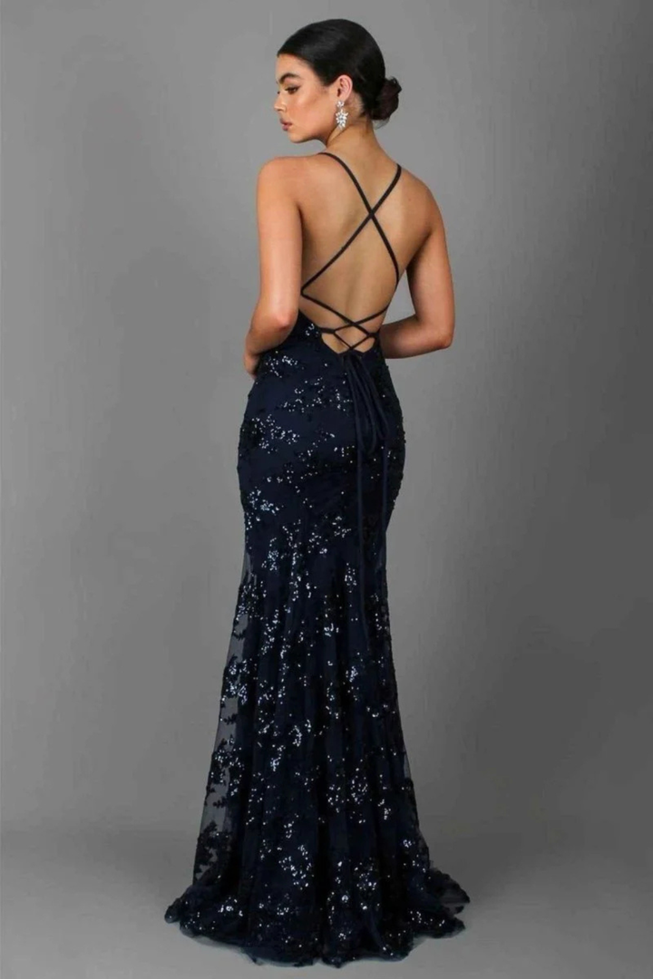 Sparkling dark blue V-neck maxi dress, a chic sequin wedding guest dress for women.