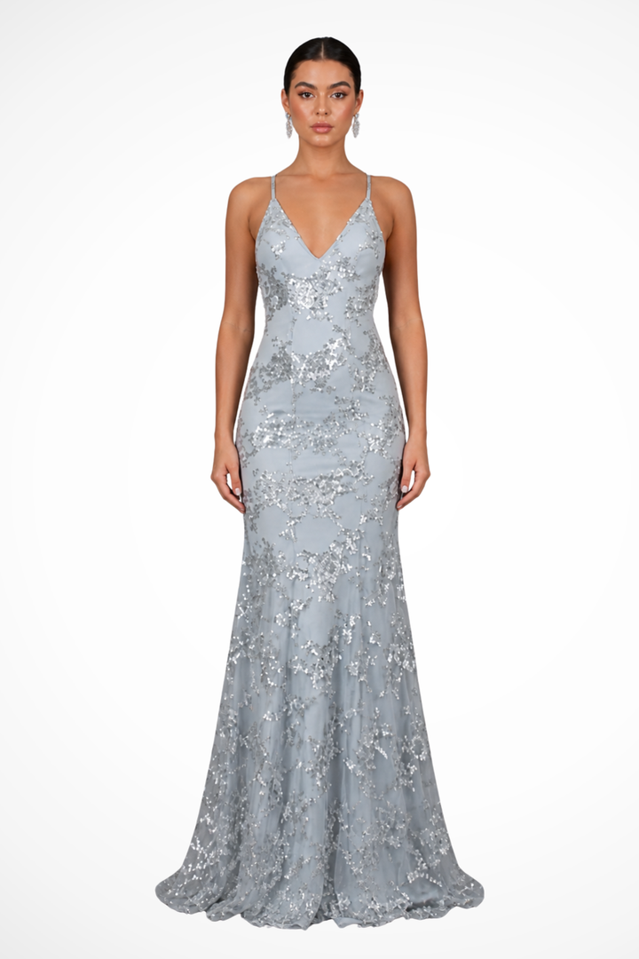 Women's long grey sequin gala dress. A formal V-neck evening gown for special occasions.