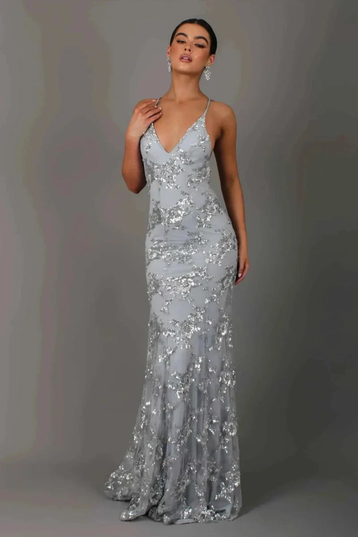 Stunning dark blue V-neck sequin maxi dress, ideal for formal parties & elegant events.