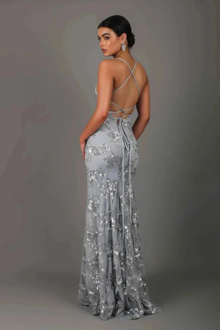 Luxurious grey sequin evening gown with V-neck, a beautiful long formal dress for women.