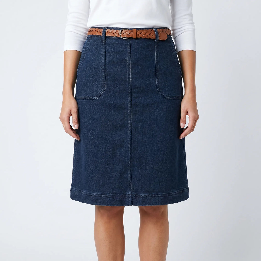 Chic women's A-line midi skirt with stylish patch pockets, comfortable dark wash denim for versatile everyday style.