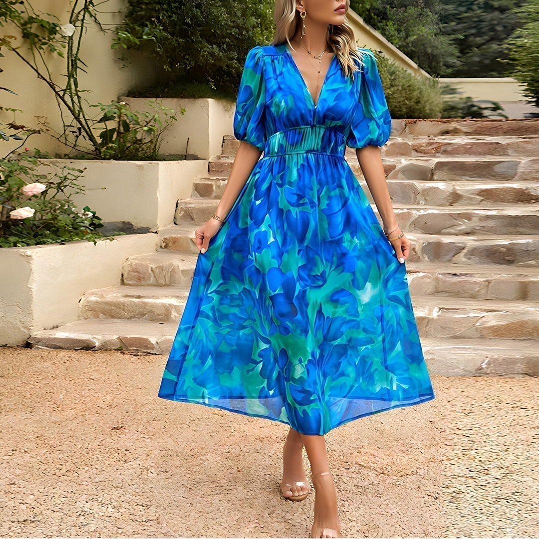 Women's Daydream Floral Midi Dress with V-neck. Elegant spring & summer casual chic.