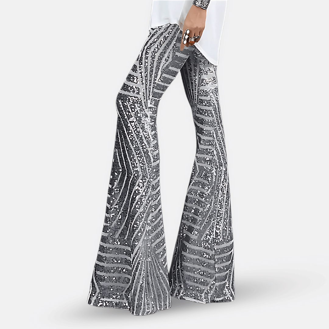 Sparkling high waist sequin flare pants for women, ideal for party, club, and festival outfits.