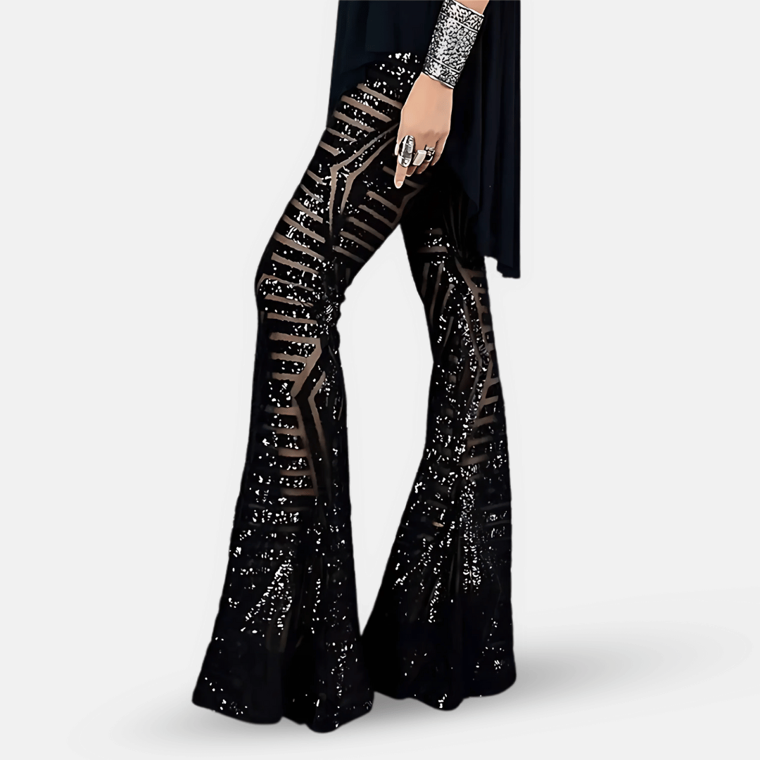 Women's shimmering sequin high waist flare pants with a comfortable, stylish flared leg.