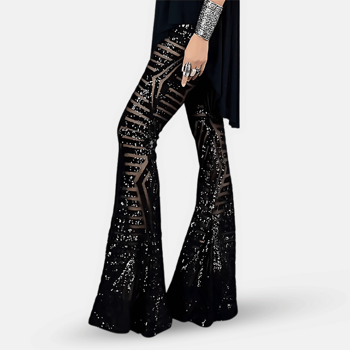 Women's shimmering sequin high waist flare pants with a comfortable, stylish flared leg.
