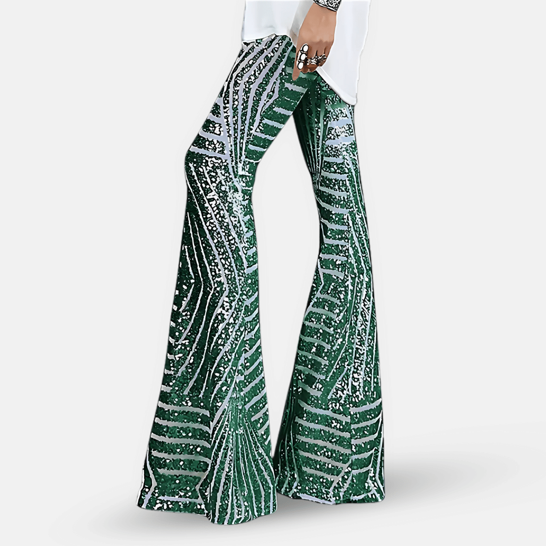 Bold women's high waist sequin flare pants; a dazzling statement piece for evening & party.
