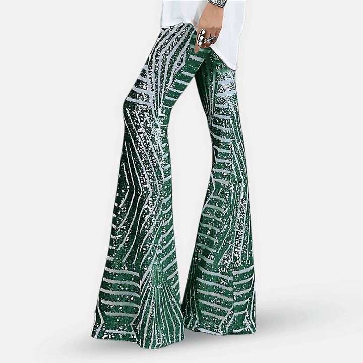 Bold women's high waist sequin flare pants; a dazzling statement piece for evening & party.
