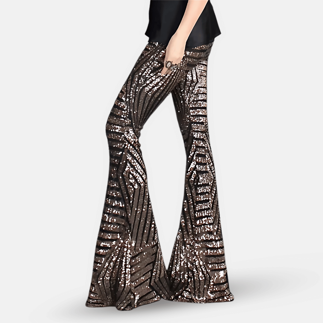 Elegant women's high waist sequin flare pants, shimmering for evening, party & club.