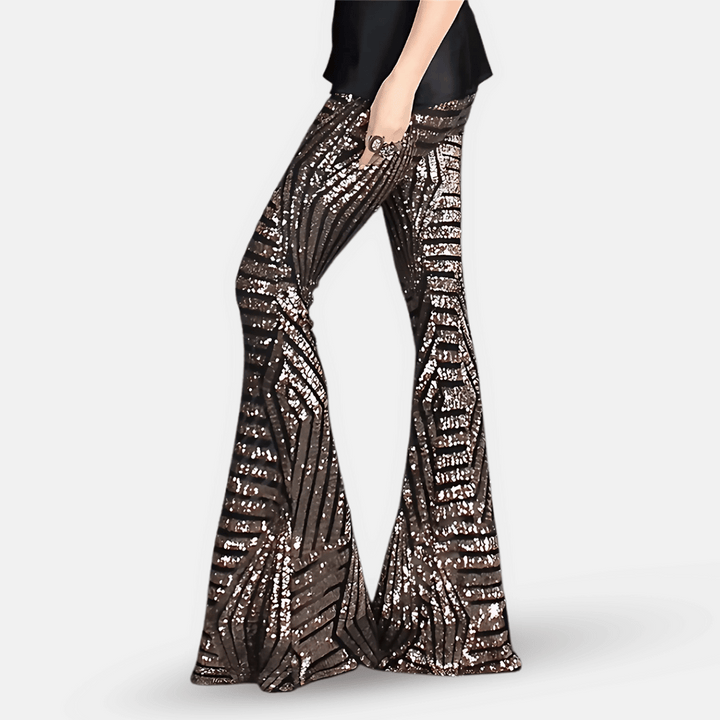 Elegant women's high waist sequin flare pants, shimmering for evening, party & club.
