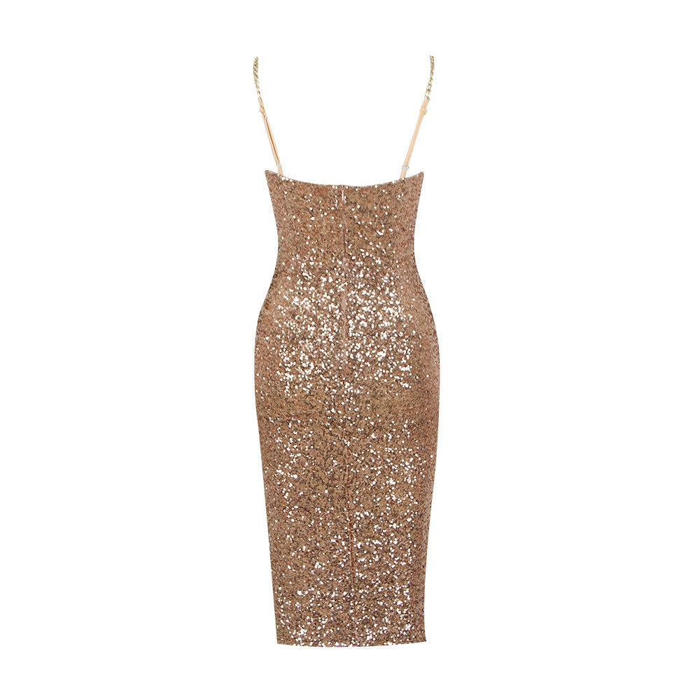 Elegant women's sequin bodycon midi dress. A dazzling strapless formal dress for glamorous evenings.