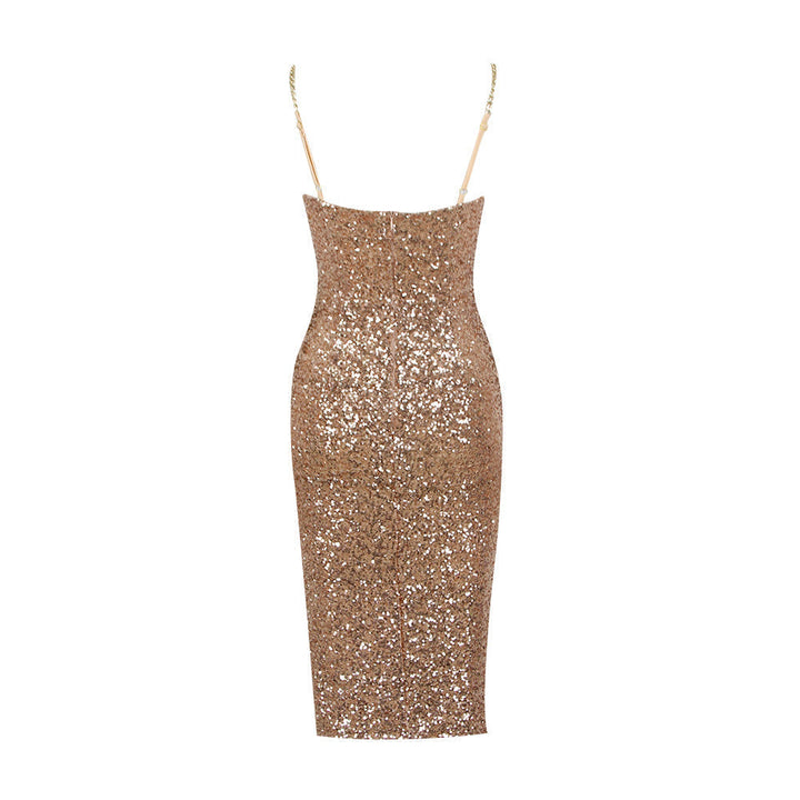 Elegant women's sequin bodycon midi dress. A dazzling strapless formal dress for glamorous evenings.