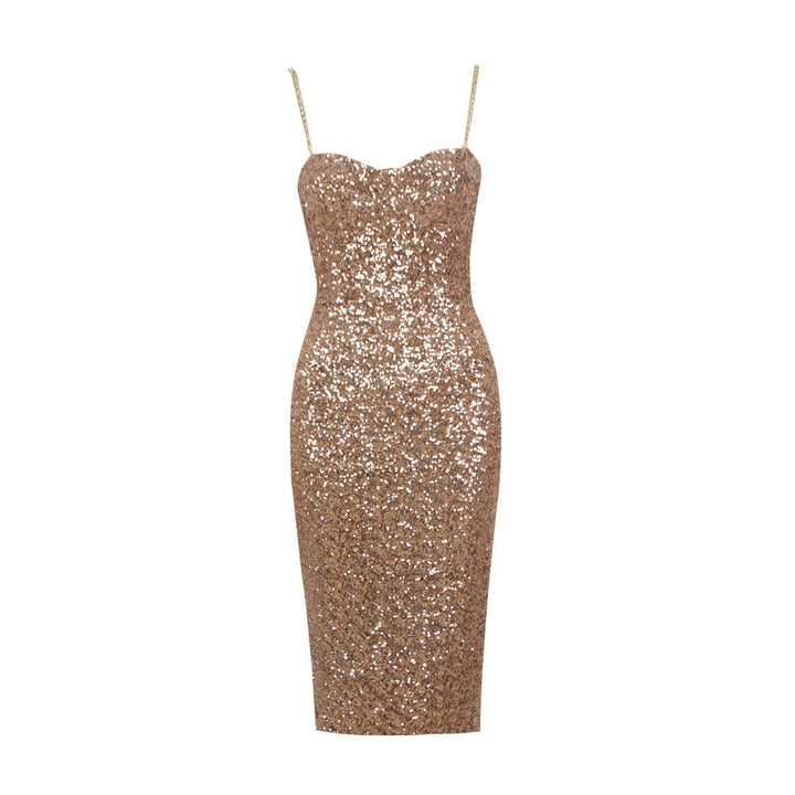 Women's dazzling sequin strapless midi dress, a glamorous bodycon party, cocktail, or evening gown.