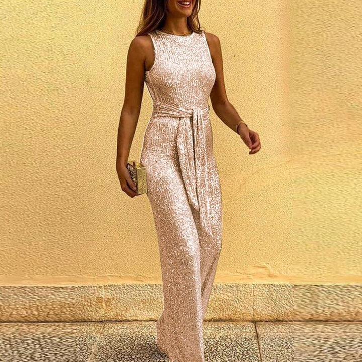 Glamorous women's sequin wide-leg jumpsuit, perfect for galas, parties, and special occasions.