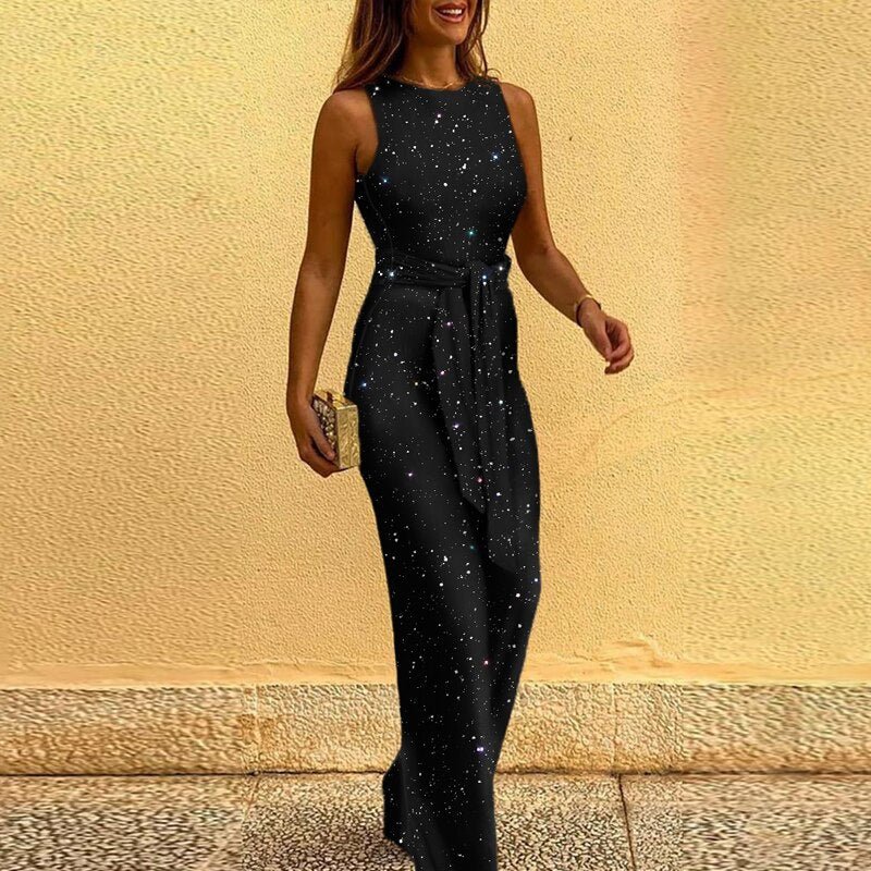 Sparkling sequin wide-leg party jumpsuit for women, featuring a stylish waist tie for an elegant look.