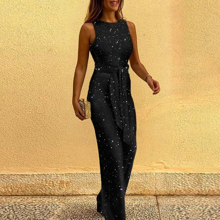 Sparkling sequin wide-leg party jumpsuit for women, featuring a stylish waist tie for an elegant look.