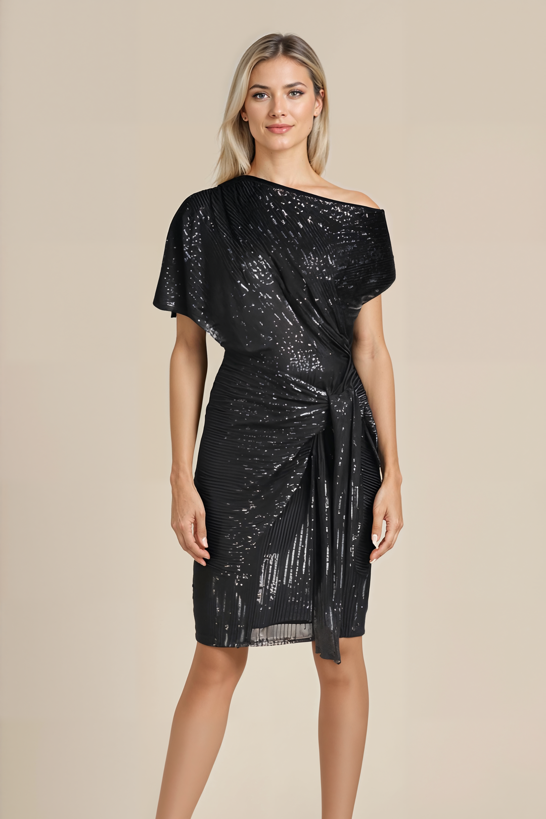 Women's dazzling shimmering sparkle evening dress. Elegant midi perfect for special occasions & formal wear.