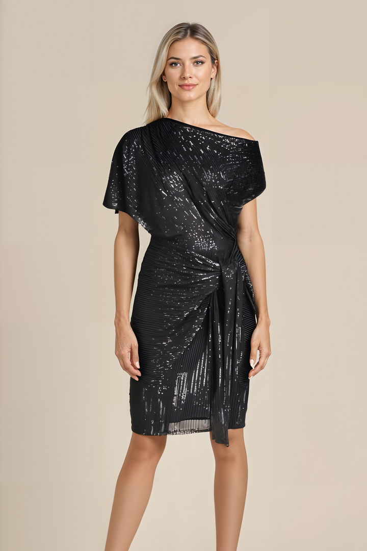 Women's dazzling shimmering sparkle evening dress. Elegant midi perfect for special occasions & formal wear.