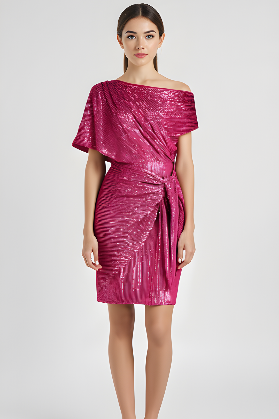 Glamorous women's midi party dress with shimmering sparkle. Ideal for elegant cocktail and evening events.
