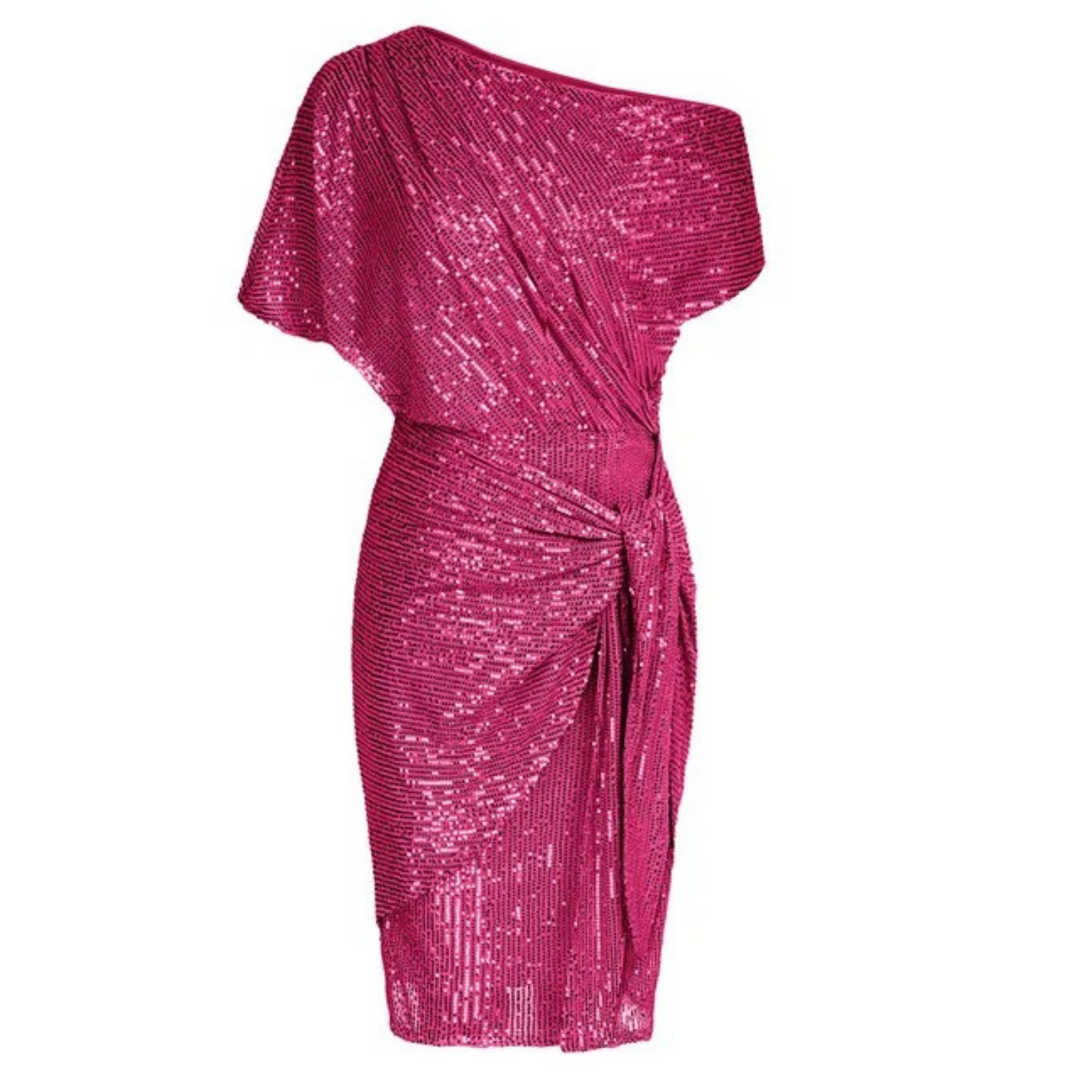 Shimmering women's midi evening dress, a glamorous and elegant choice for formal events and special occasions.