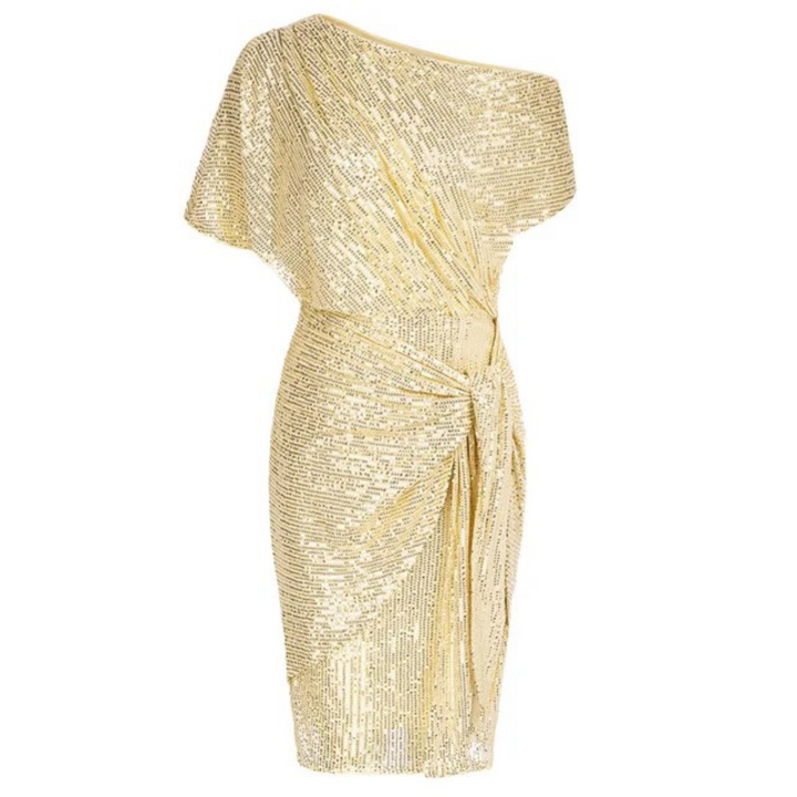 Elegant women's formal evening dress, sparkling & shimmering. Perfect for special occasions & glamorous parties.