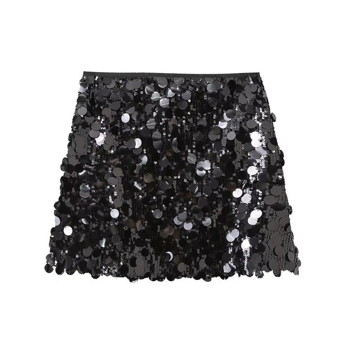 Fashionable women's sparkling sequin mini skirt, a dazzling statement piece for parties.