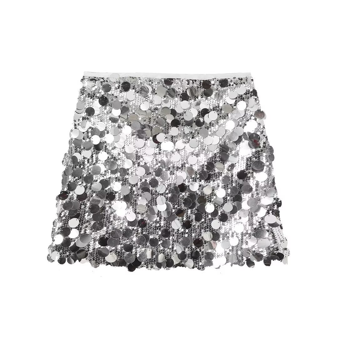 Dazzling women's sequin mini skirt, shimmering party wear for a glamorous night out.