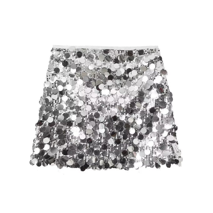Dazzling women's sequin mini skirt, shimmering party wear for a glamorous night out.