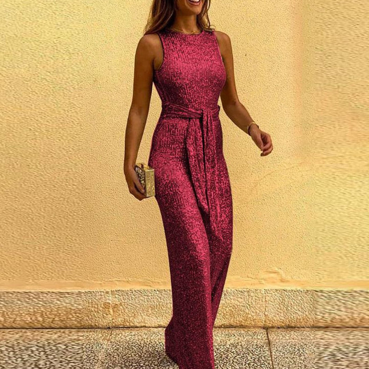 Elegant women's sparkly wide-leg jumpsuit with a flattering V-neck, ideal for special occasion party wear.