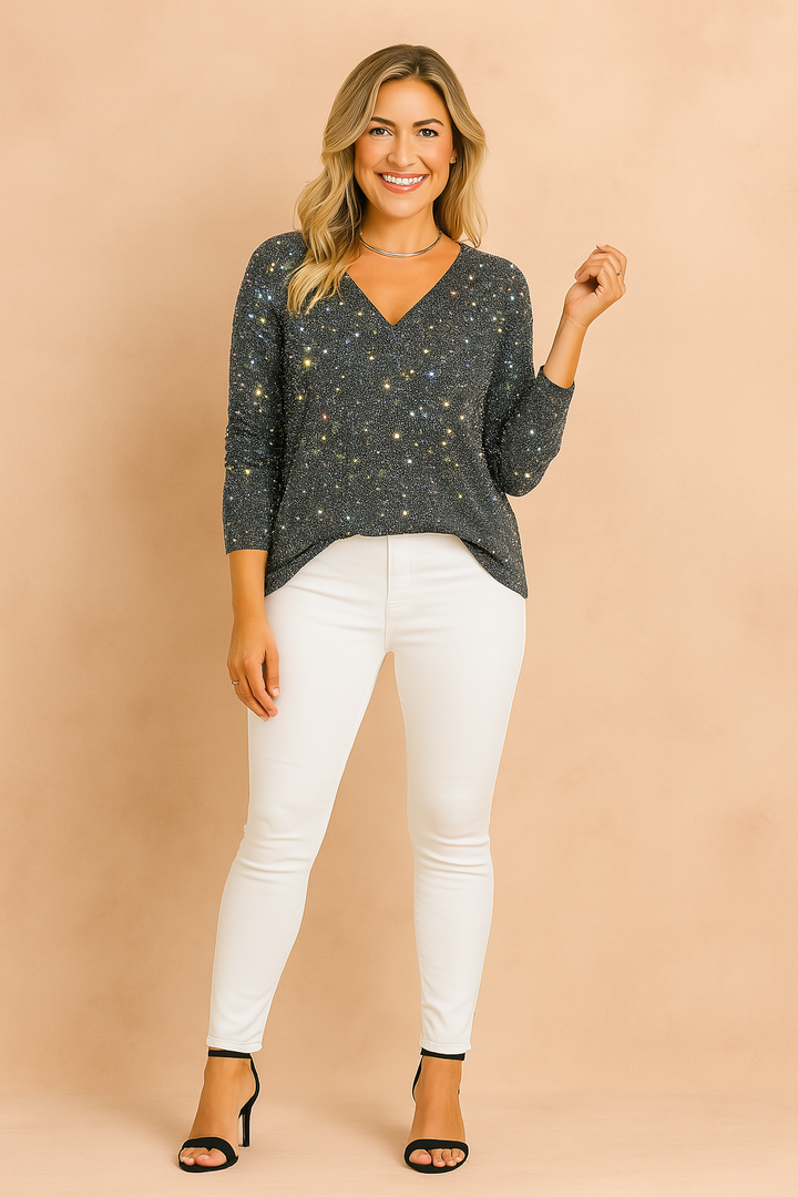 Glamorous red V-neck sequin blouse for women, sparkling long-sleeve evening top for parties & special occasions.