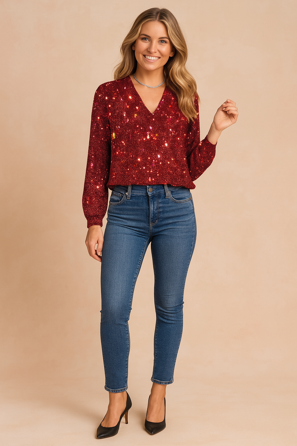 Elegant black sequin V-neck top for women, a sparkling long-sleeve blouse ideal for evening wear & fashion events.