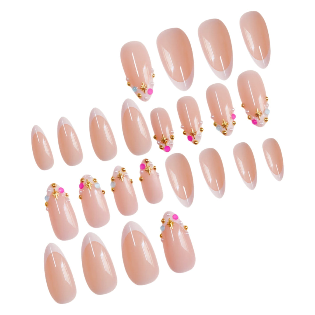 Luxury women's press-on nail art set featuring various decorative designs. Instant fake nails for beauty.