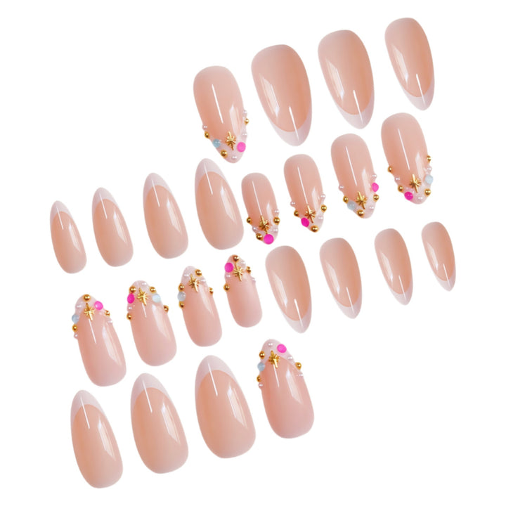 Luxury women's press-on nail art set featuring various decorative designs. Instant fake nails for beauty.