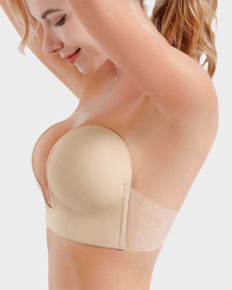 Deep U-plunge push-up bra for women, strapless design creates cleavage, essential versatile lingerie.