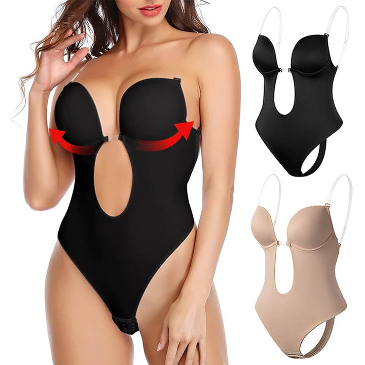 Women's deep V backless body shaper for a seamless, slimming silhouette. Invisible tummy control shapewear.