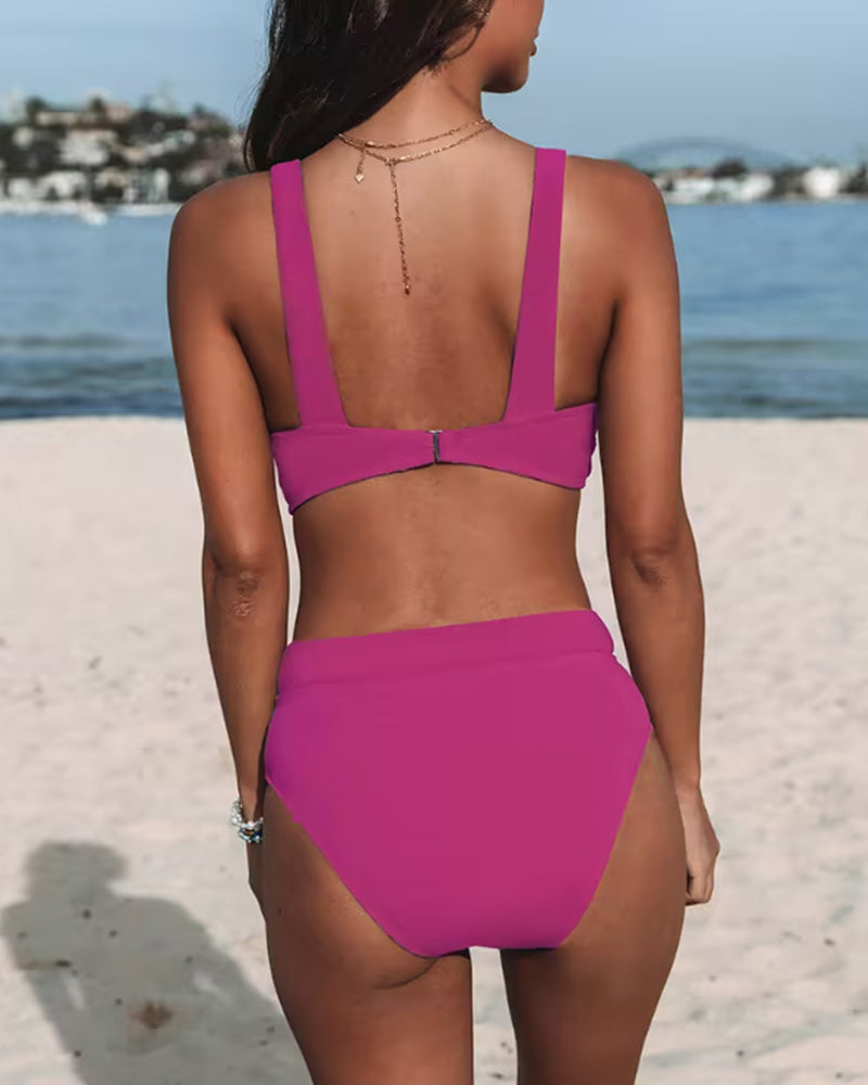 Vacation ready! This women's high waist bikini set with a deep V top is essential summer fashion swimwear.